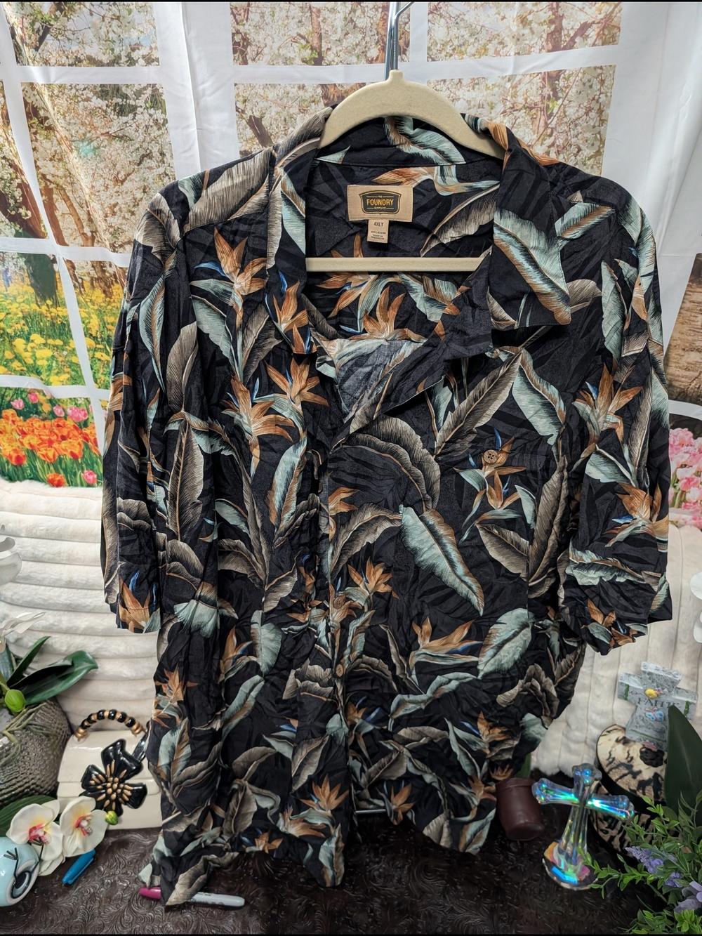 The Foundry Supply Co. Black Tropical Leaf Print Shirt